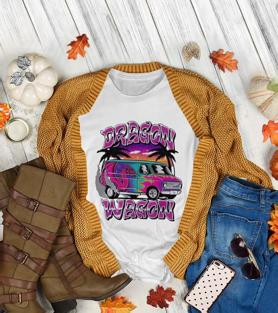 Dragon Wagon Van Tie Dye Sunset with Palm Trees T-Shirt