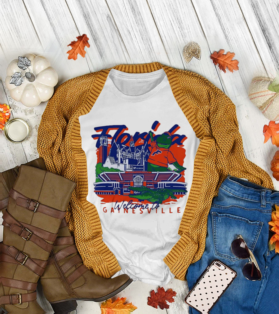 Florida Gators Welcome To Gainesville Stadium And Mascot Collage T-Shirt