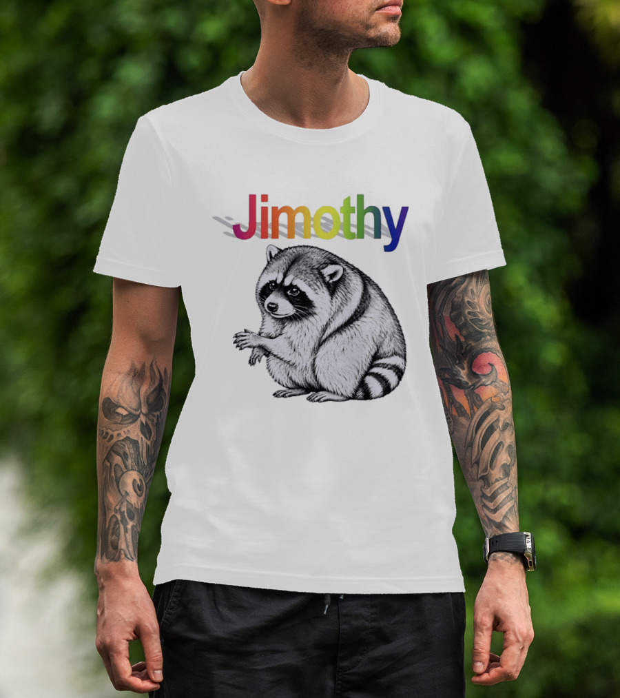 Jimothy Raccoon Rainbow Text With Illustrated Animal T-Shirt