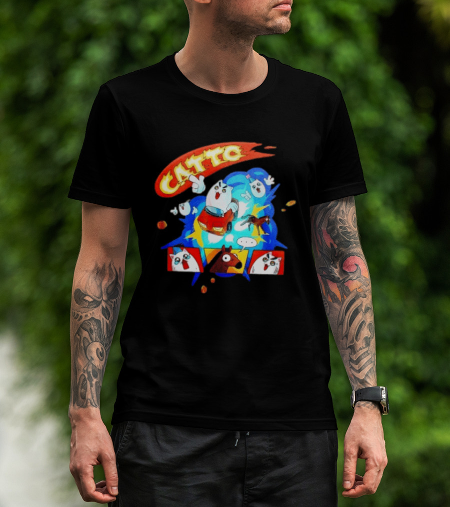 Catto Cartoon Cat Driving A Car With Funny Expressions And Comic Style Panels T-Shirt