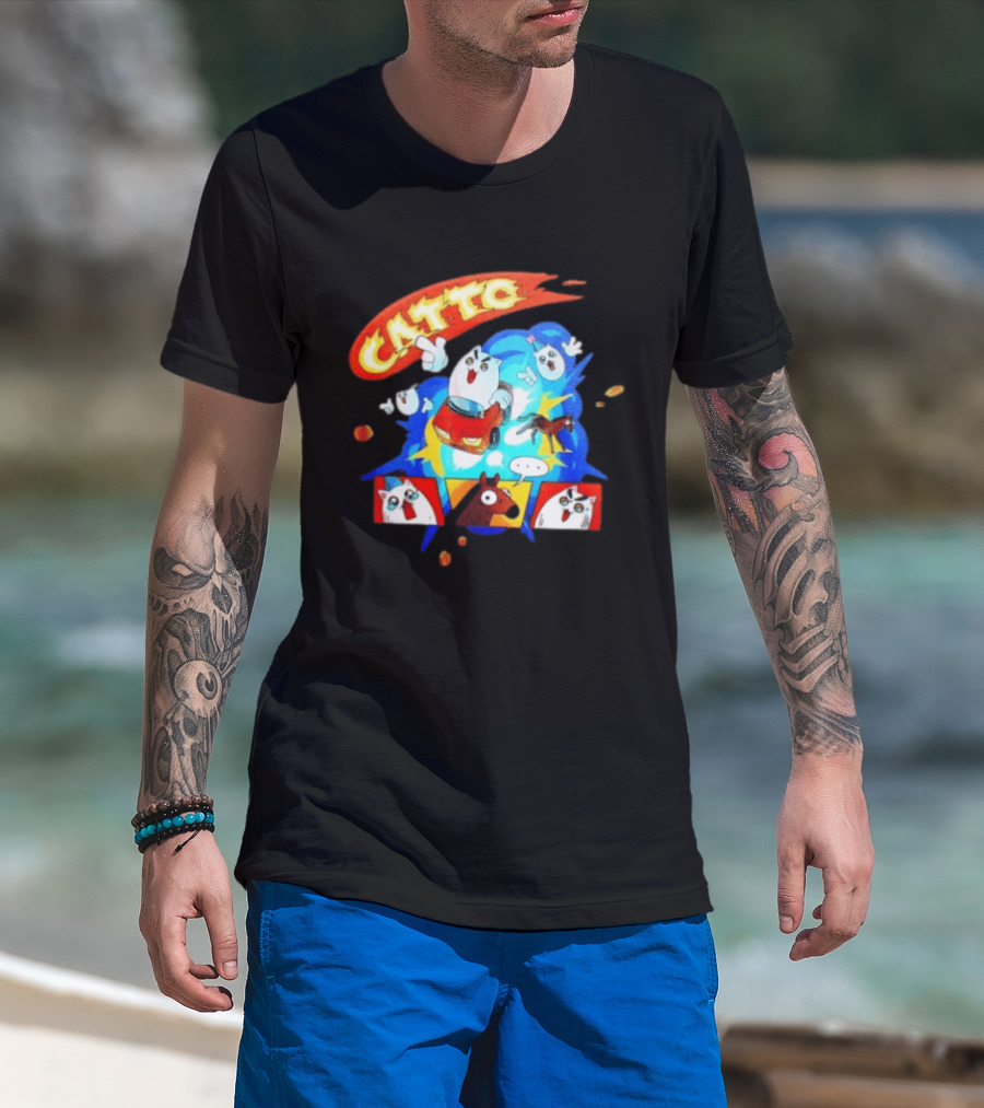 Catto Cartoon Cat Driving A Car With Funny Expressions And Comic Style Panels T-Shirt