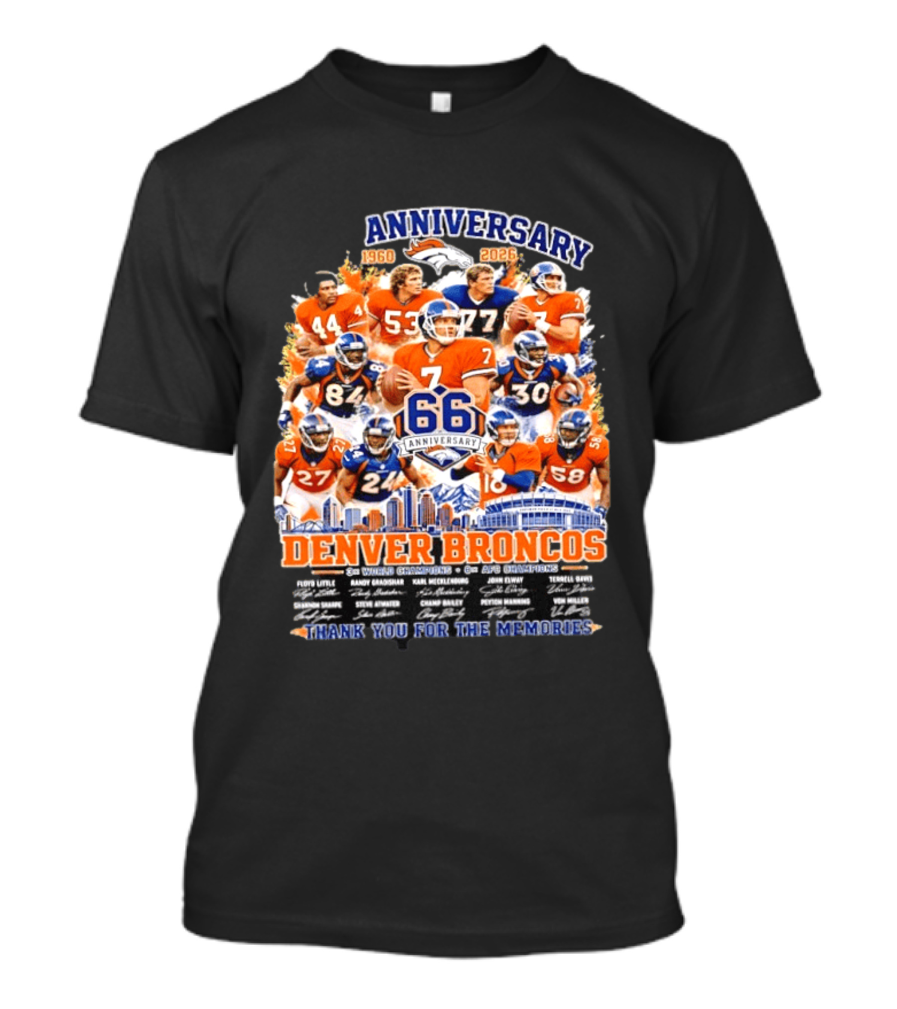 Denver Broncos 66th Anniversary 1960 2026 Thank You For The Memories With Players And Championships T-Shirt