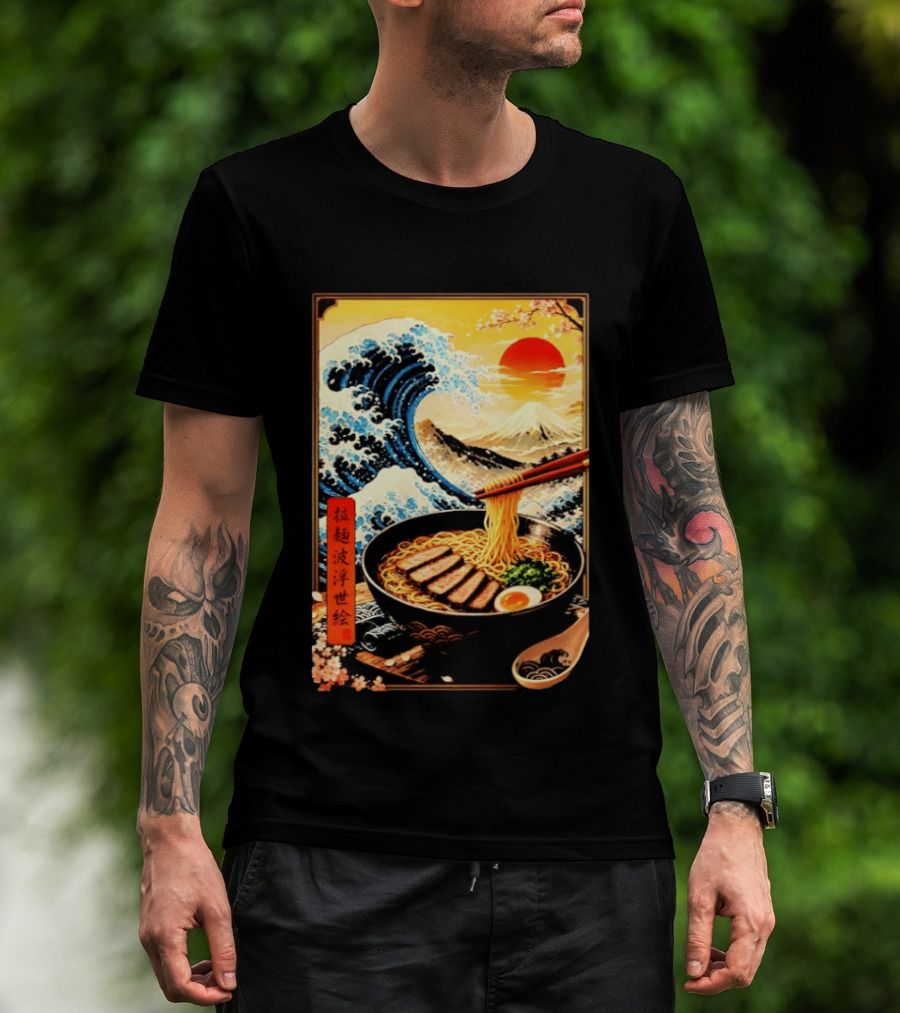 Great Wave Ramen Ukiyo E Japanese Noodles Cherry Blossoms Sun Mountain T-Shirt
