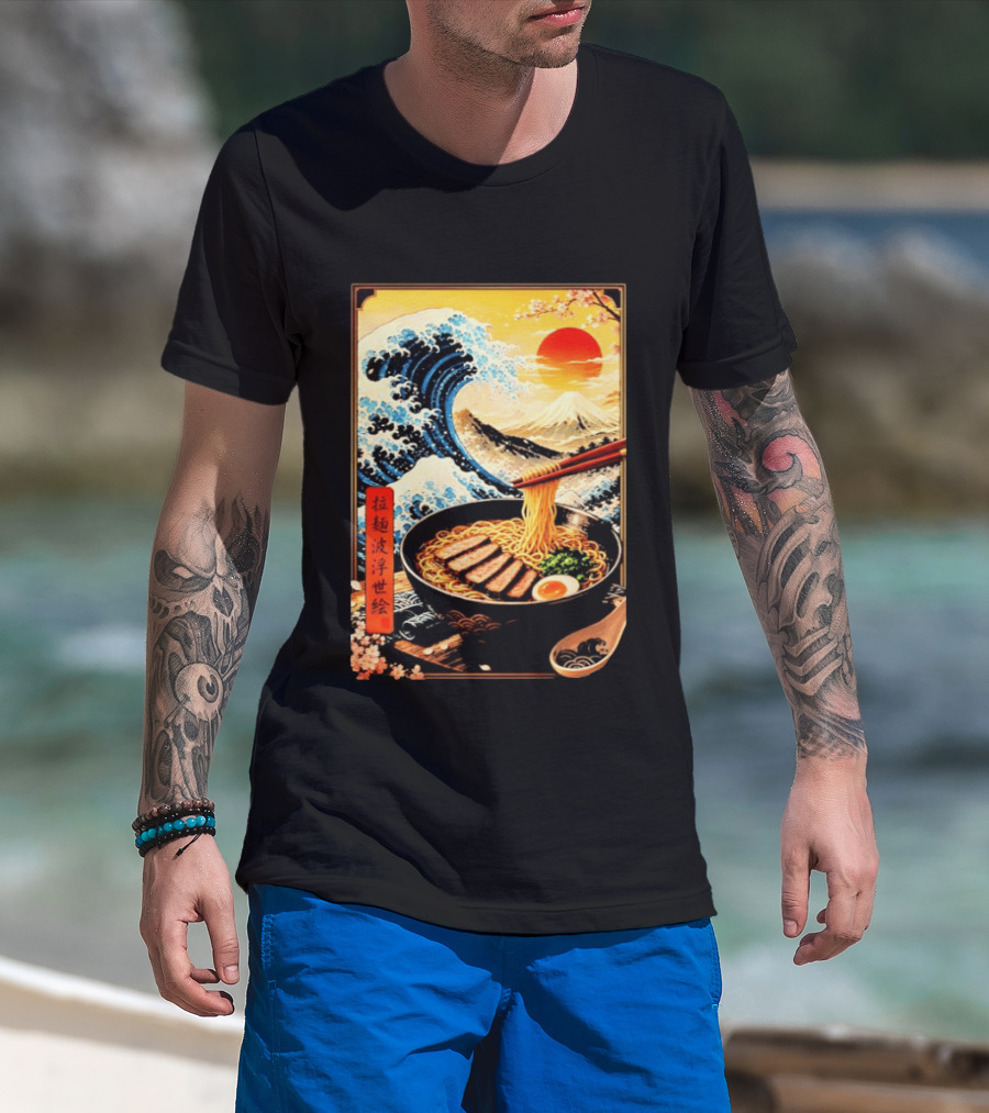 Great Wave Ramen Ukiyo E Japanese Noodles Cherry Blossoms Sun Mountain T-Shirt