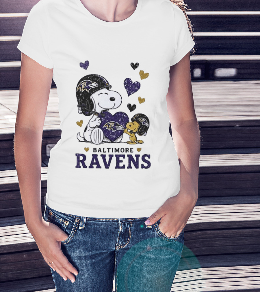 Baltimore Ravens Peanuts Snoopy Woodstock Love Laughter Hearts T-Shirt