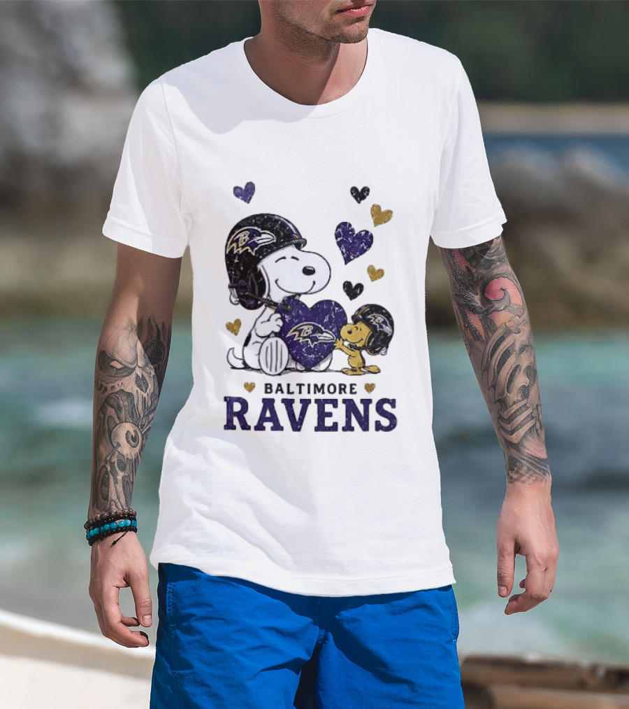 Baltimore Ravens Peanuts Snoopy Woodstock Love Laughter Hearts T-Shirt