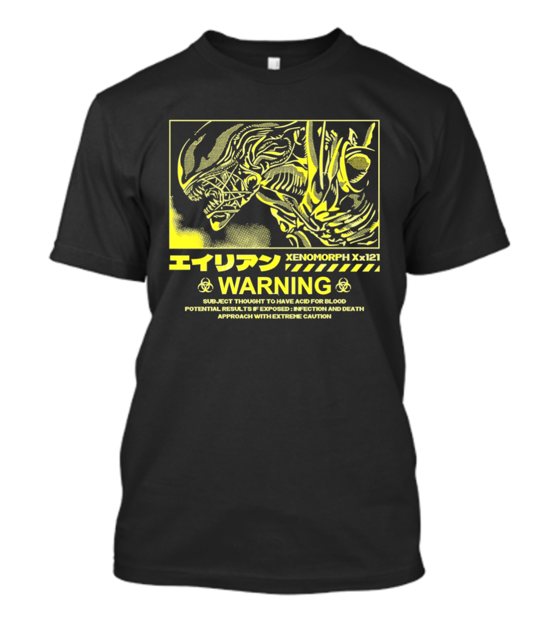 Alien Xenomorph Xx121 Acid Blood Warning Hazard Japan Text Yellow T-Shirt
