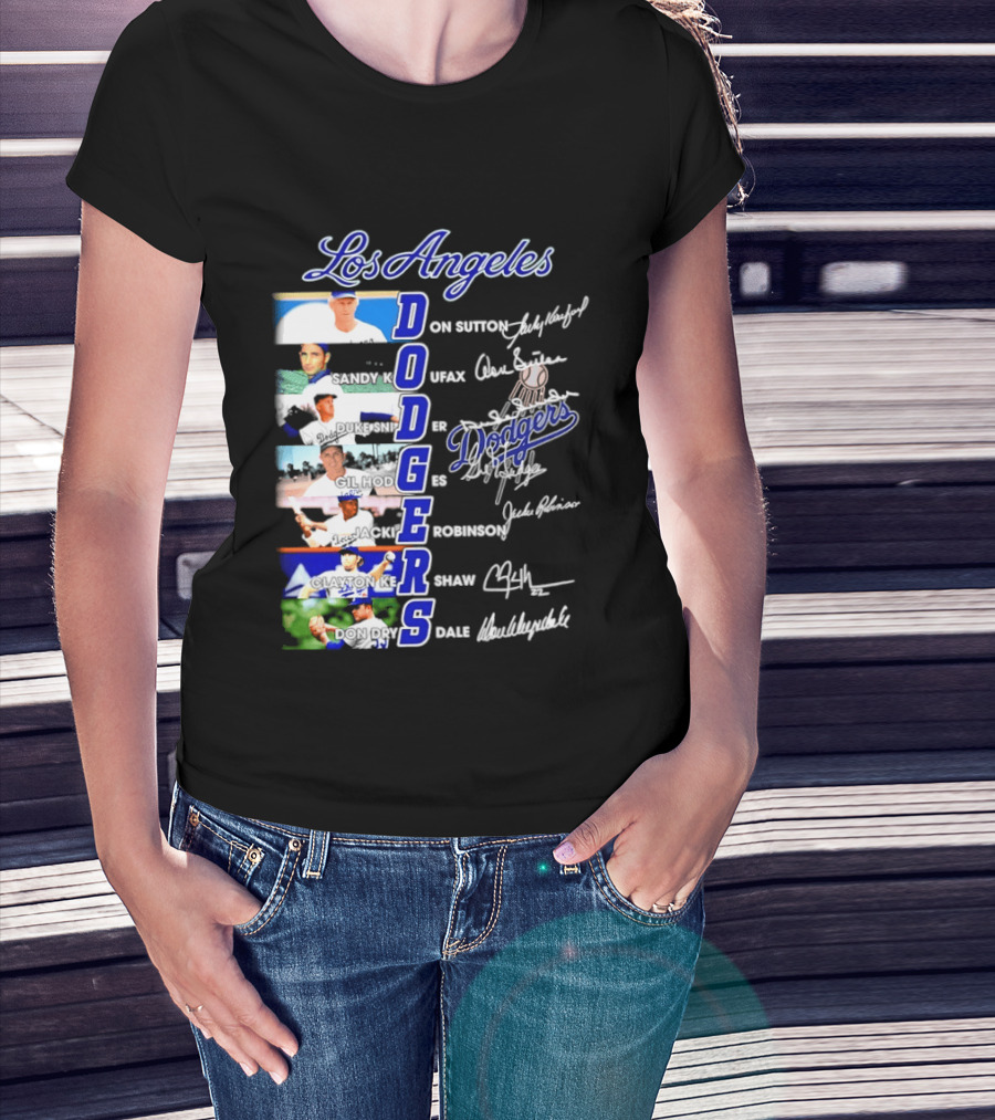 Los Angeles Dodgers Don Sutton Sandy Koufax Duke Snider Gil Hodges Jackie Robinson Clayton Kershaw Don Drysdale Signatures T-Shirt