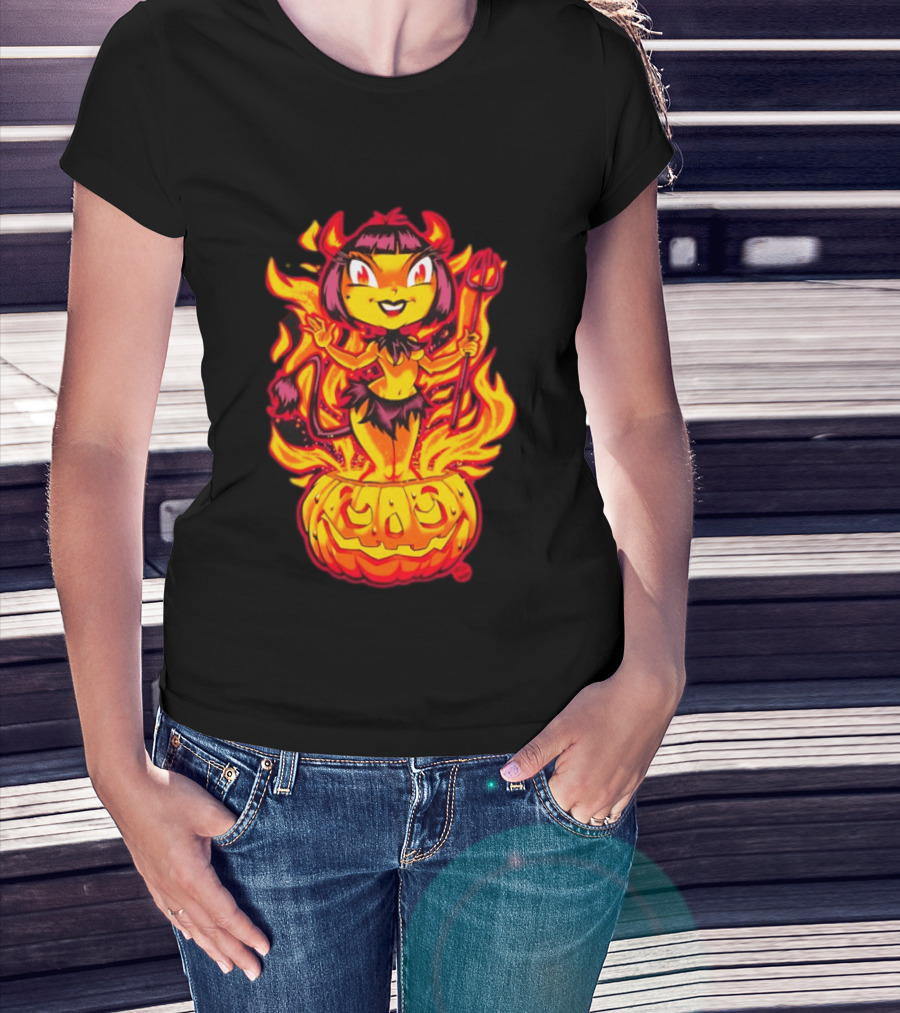 Devil Girl In Jack O' Lantern Halloween Flames With Pitchfork And Tail T-Shirt