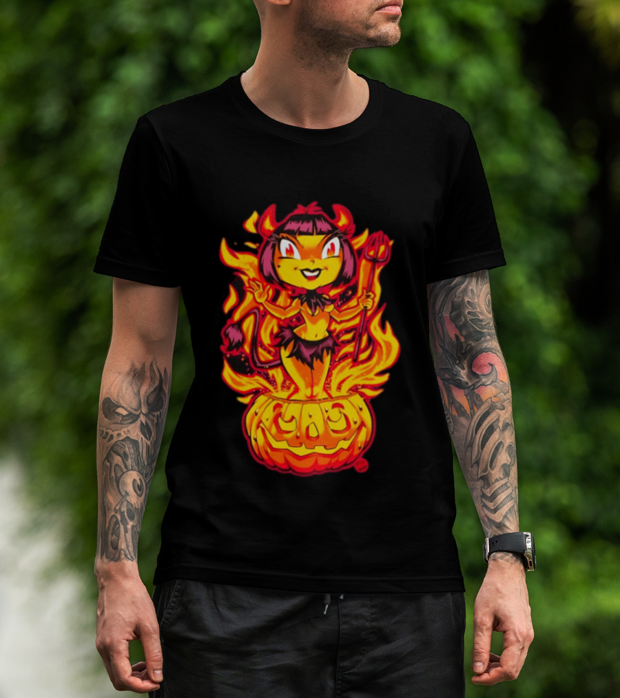 Devil Girl In Jack O' Lantern Halloween Flames With Pitchfork And Tail T-Shirt