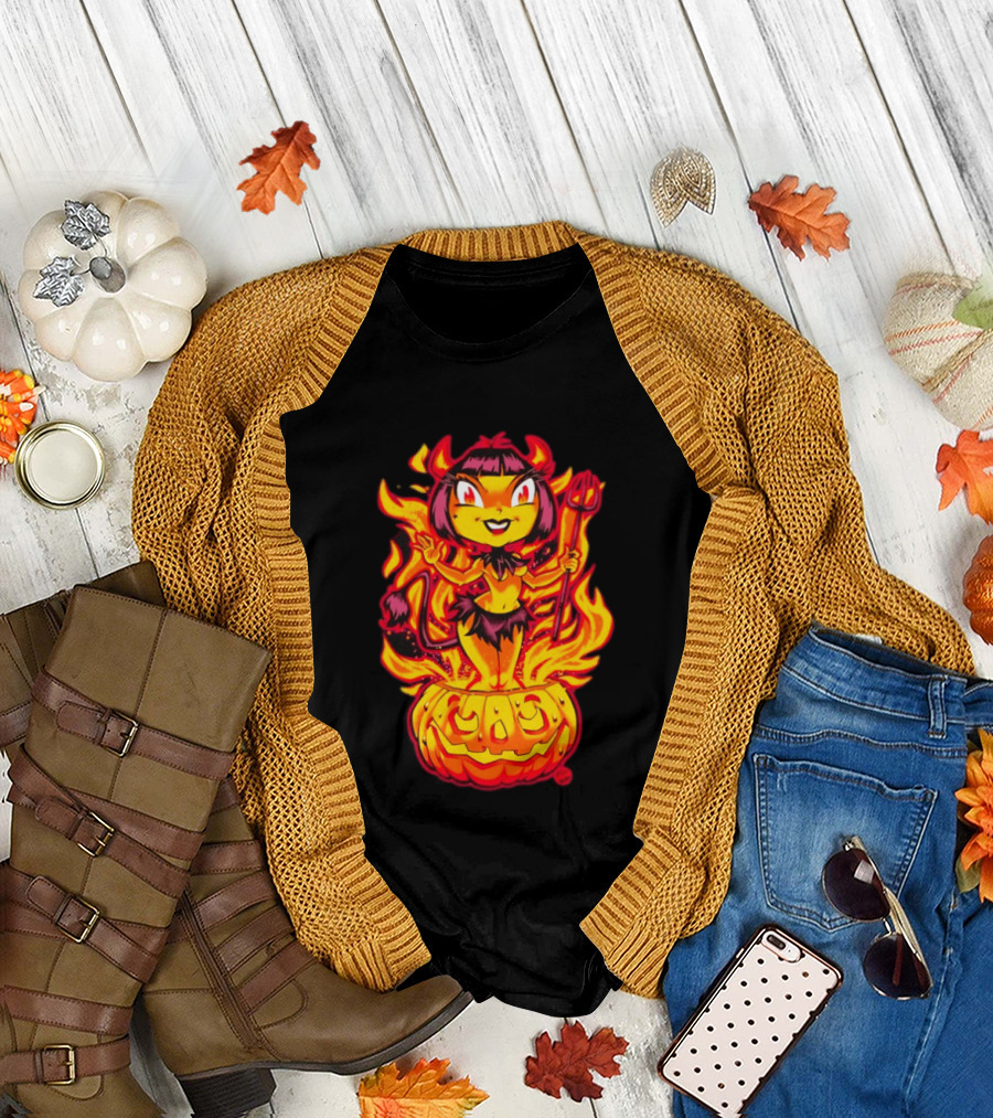 Devil Girl In Jack O' Lantern Halloween Flames With Pitchfork And Tail T-Shirt