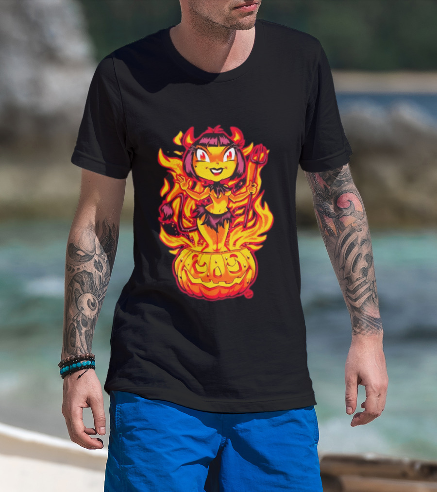 Devil Girl In Jack O' Lantern Halloween Flames With Pitchfork And Tail T-Shirt