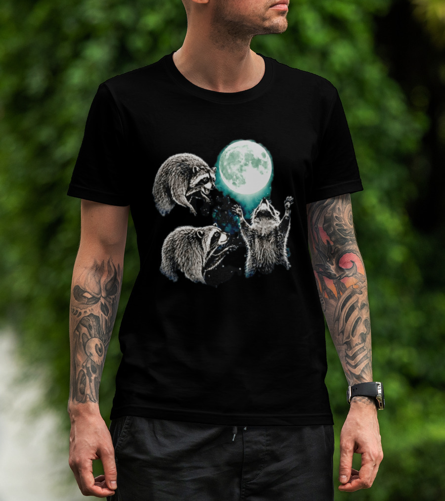 Jimothy Raccoon Moon Space Wolf Moon Trio Reaching For Full Moon T-Shirt