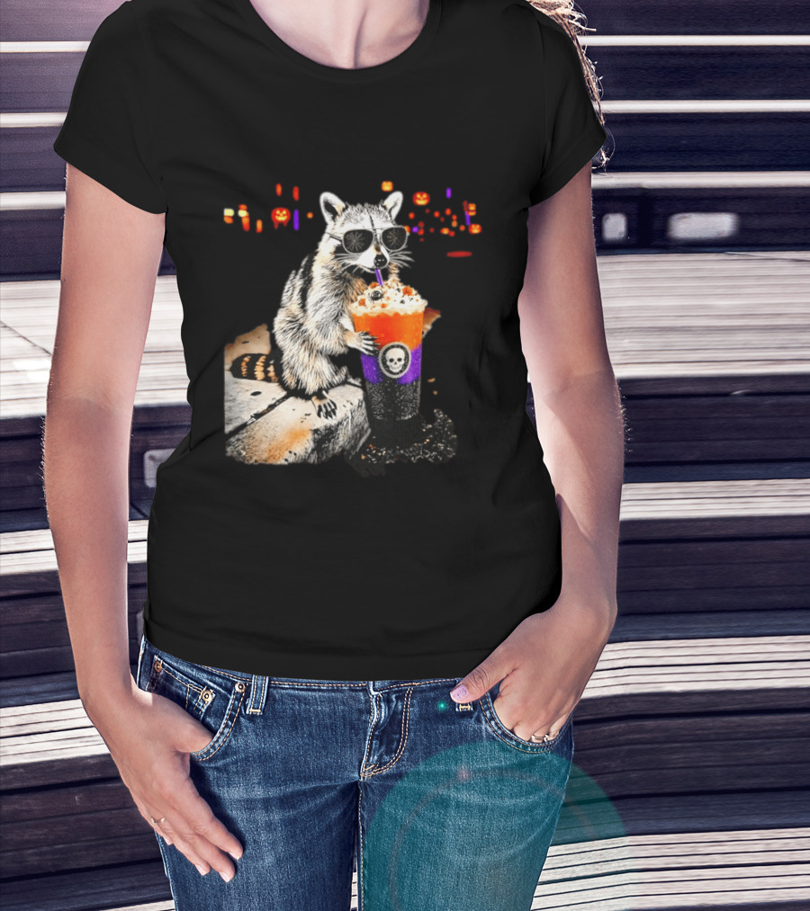 Raccoon With Sunglasses Enjoying Halloween Frappe With Skull Cup And Pumpkin T-Shirt
