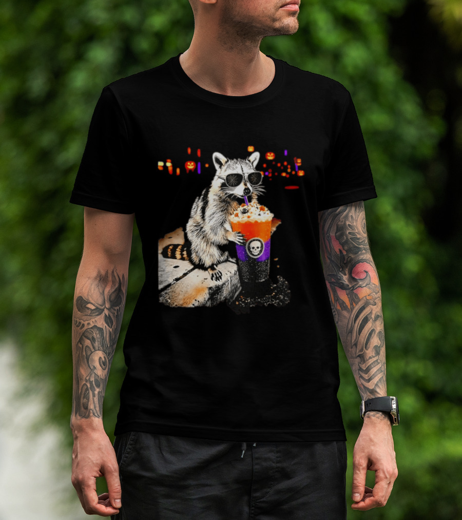 Raccoon With Sunglasses Enjoying Halloween Frappe With Skull Cup And Pumpkin T-Shirt