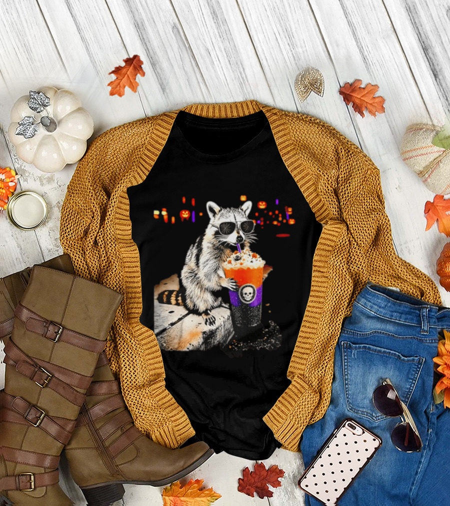 Raccoon With Sunglasses Enjoying Halloween Frappe With Skull Cup And Pumpkin T-Shirt