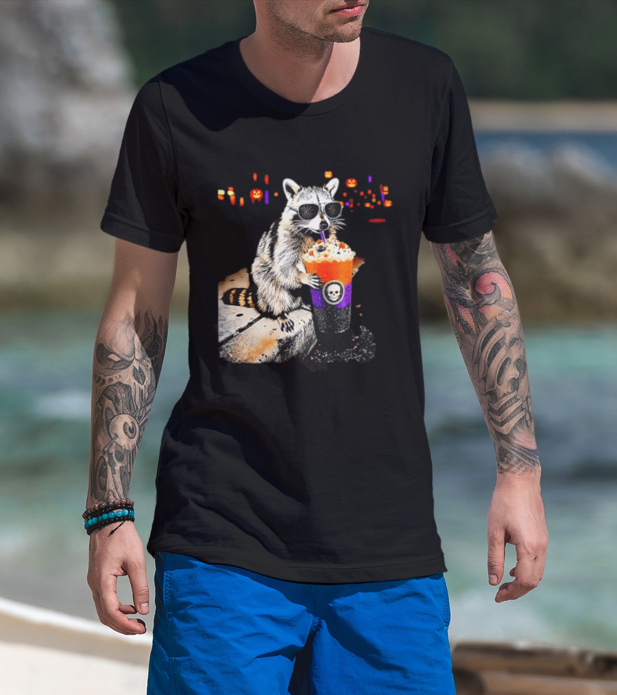 Raccoon With Sunglasses Enjoying Halloween Frappe With Skull Cup And Pumpkin T-Shirt