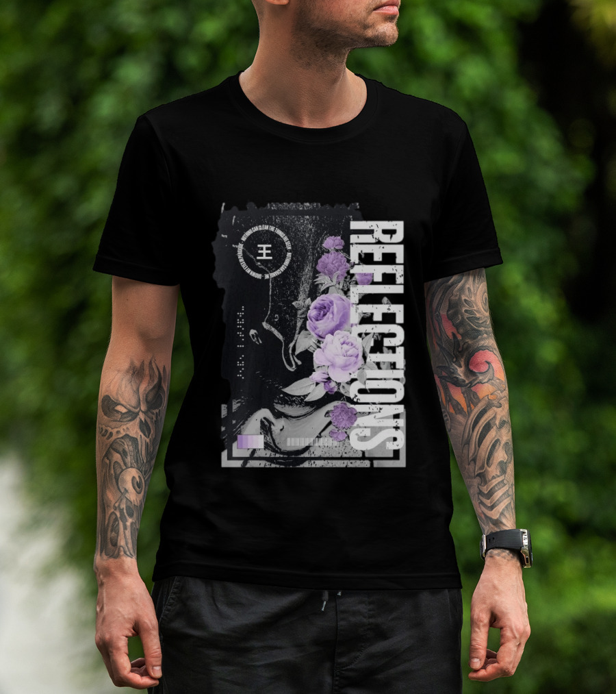 Reflections Peroxide Floral Typography With Purple Roses And Abstract Black And White T-Shirt