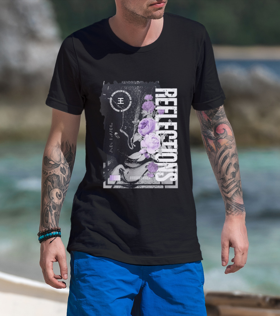 Reflections Peroxide Floral Typography With Purple Roses And Abstract Black And White T-Shirt