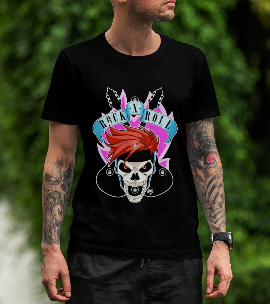 Rock X Roll Skull Electric Guitar Red Hair T-Shirt