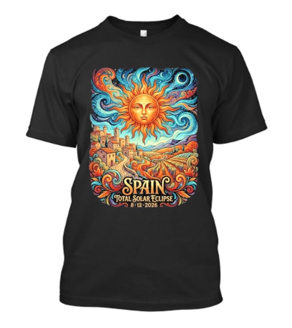 Spain Total Solar Eclipse 8 12 2026 Sun And Moon Celestial Village T-Shirt