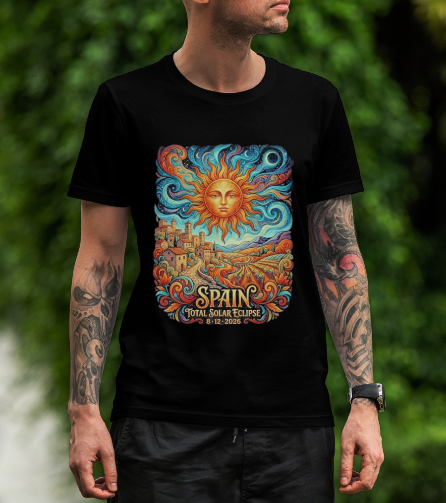 Spain Total Solar Eclipse 8 12 2026 Sun And Moon Celestial Village T-Shirt