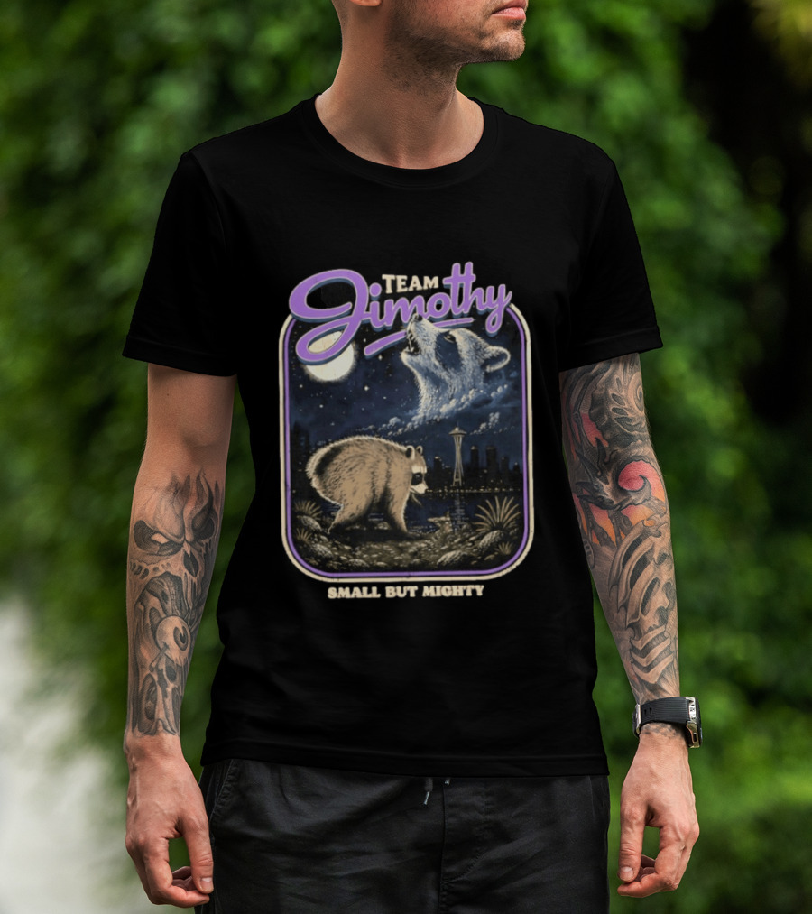 Team Jimothy Small But Mighty Raccoon Cityscape At Night Seattle Tower T-Shirt