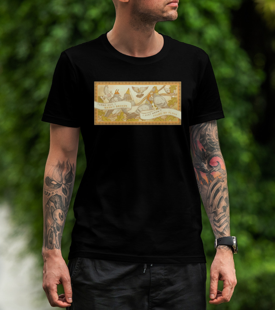 Turns Out I Wasn't Broken I Just Hadn't Found My Flock Pigeon Funny Vintage Style Banner With Autumn Leaves T-Shirt