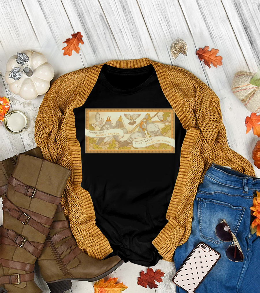 Turns Out I Wasn't Broken I Just Hadn't Found My Flock Pigeon Funny Vintage Style Banner with Autumn Leaves T-Shirt