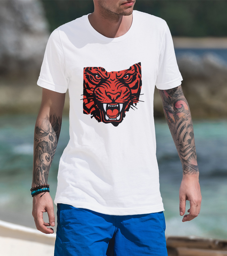Aggressive Tiger Face Big Cat Animal Fierce Red And Black Tiger Head T-Shirt