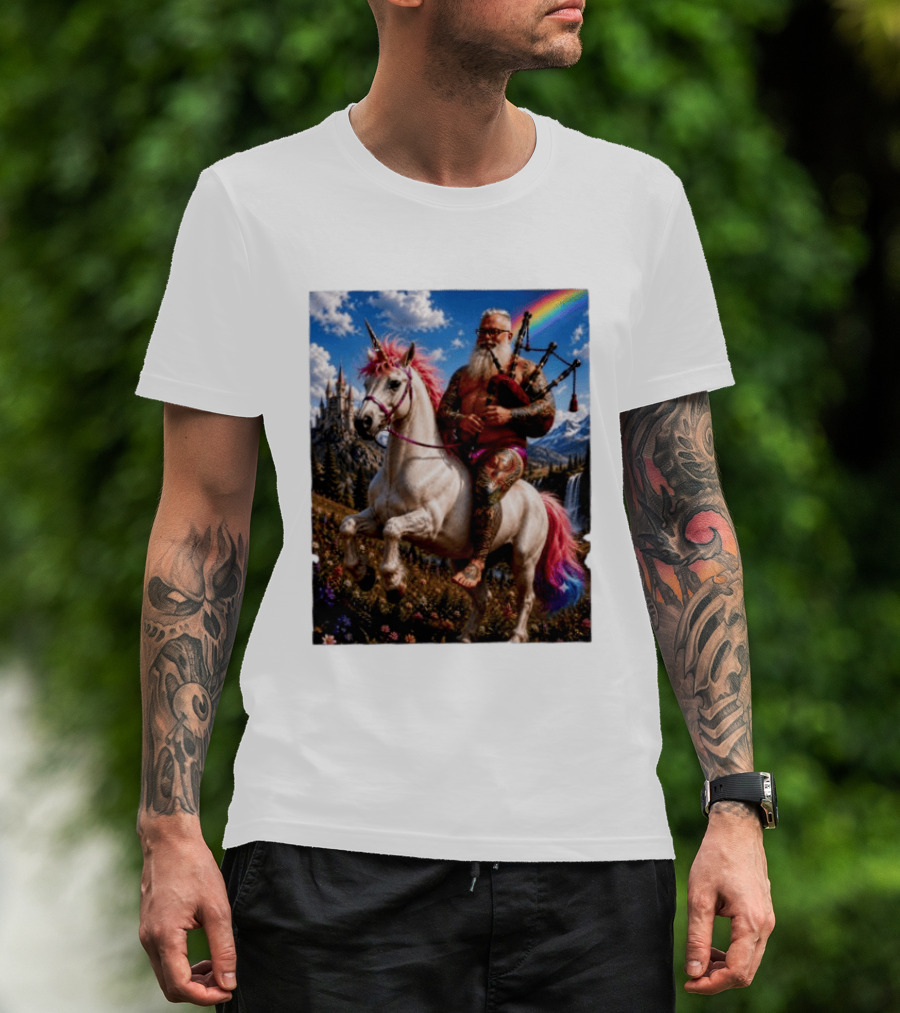 Bearded Scotsman Playing Bagpipes Riding A Rainbow Unicorn In Enchanted Castle Landscape T-Shirt
