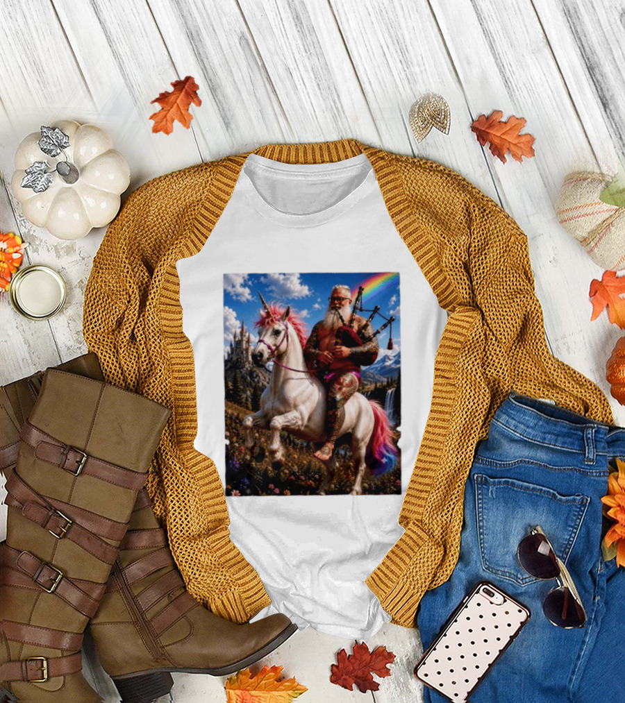 Bearded Scotsman Playing Bagpipes Riding A Rainbow Unicorn In Enchanted Castle Landscape T-Shirt