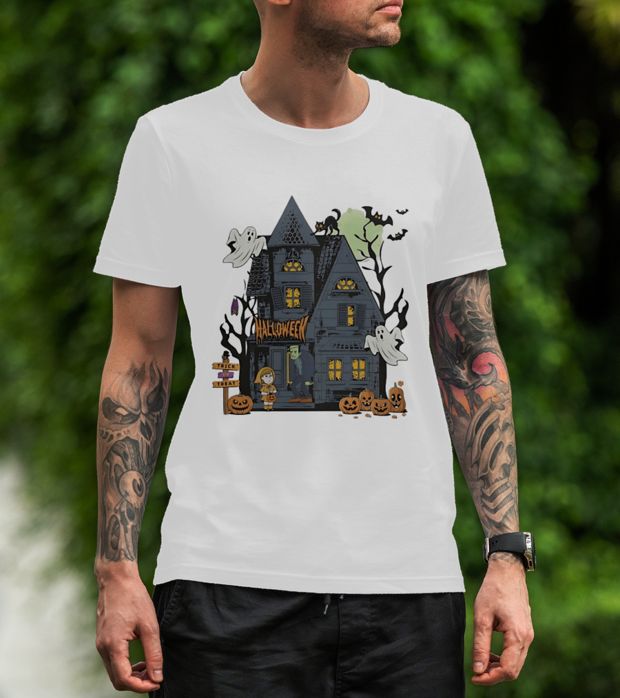 Halloween Haunted House With Frankenstein Trick Or Treat Ghosts And Pumpkins T-Shirt