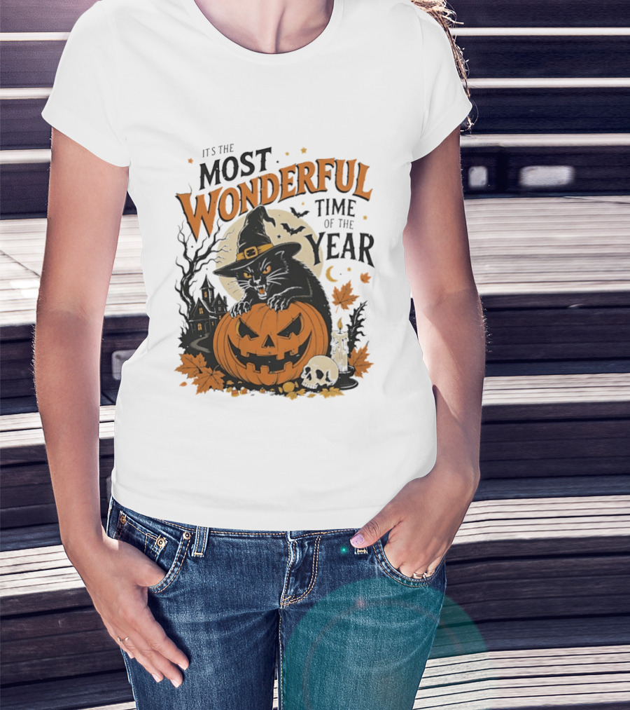 It's The Most Wonderful Time Of The Year Witch Cat And Pumpkin Halloween T-Shirt