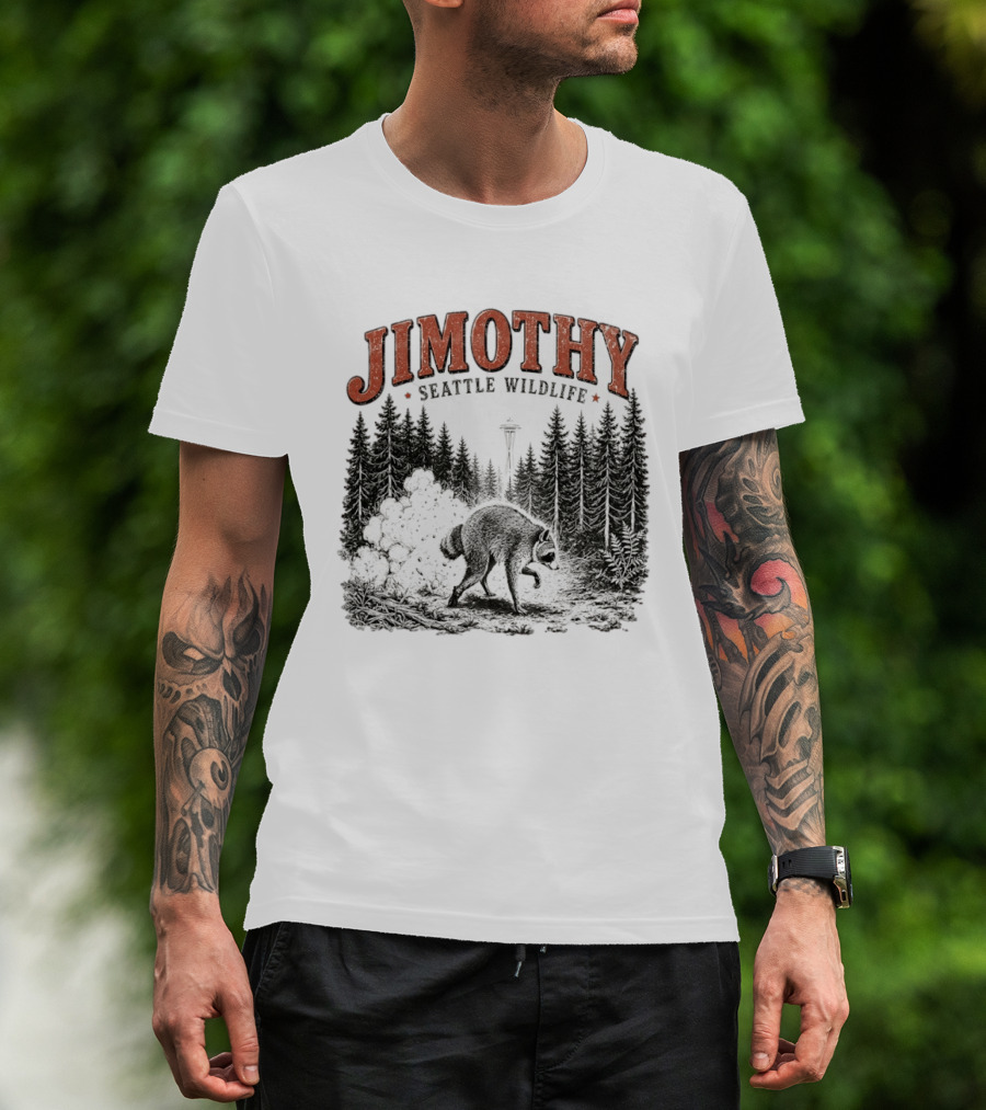 Jimothy Seattle Wildlife Raccoon With Space Needle Forest Scene T-Shirt