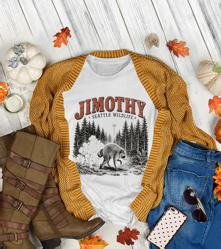 Jimothy Seattle Wildlife Raccoon With Space Needle Forest Scene T-Shirt