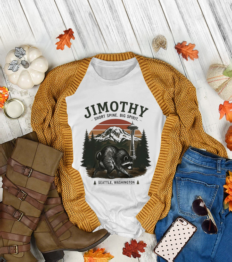 Jimothy Short Spine Big Spirit Bear Seattle Washington Skyline Sunset T-Shirt