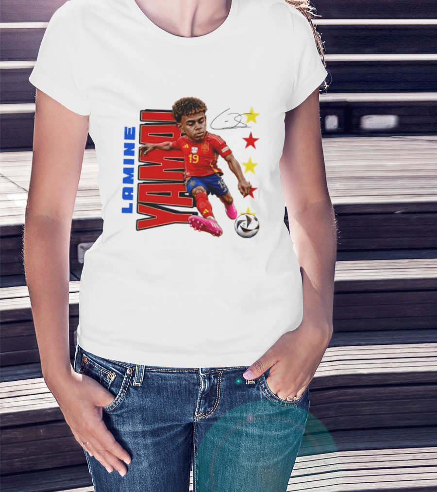 Lamine Yamal No 19 Spain National Team Soccer Star With Signature And Stars T-Shirt