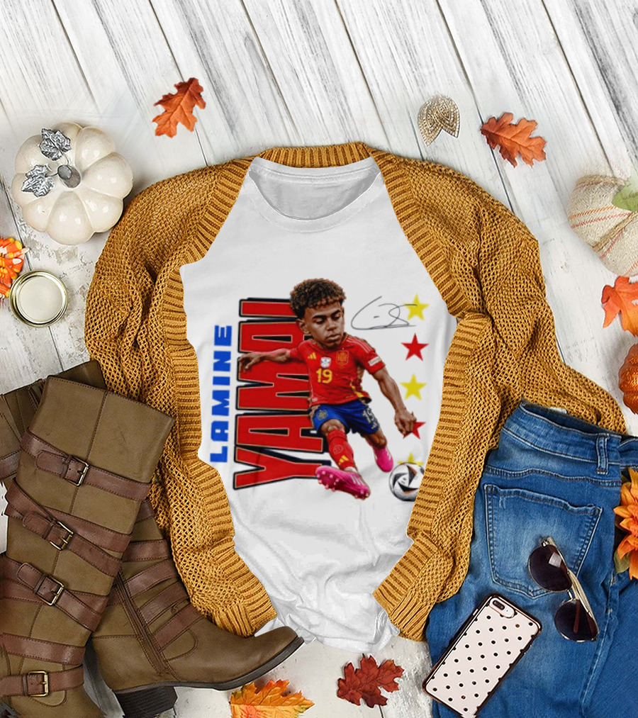 Lamine Yamal No 19 Spain National Team Soccer Star With Signature And Stars T-Shirt