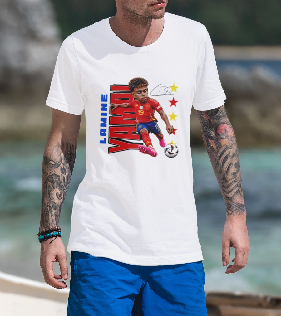 Lamine Yamal No 19 Spain National Team Soccer Star With Signature And Stars T-Shirt