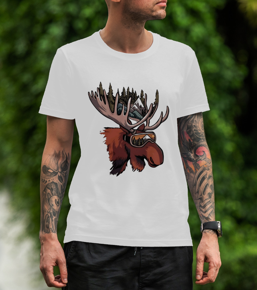 Moose With Ski Goggles And Mountain Forest Antlers Adventure Scene T-Shirt