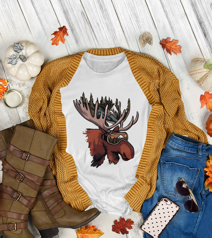 Moose With Ski Goggles And Mountain Forest Antlers Adventure Scene T-Shirt