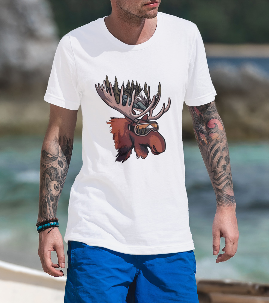 Moose With Ski Goggles And Mountain Forest Antlers Adventure Scene T-Shirt