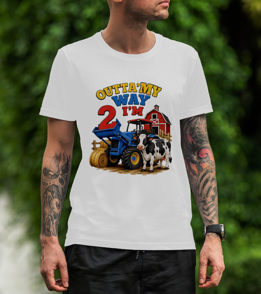 Outta My Way I'm 2 Farm Tractor Birthday Cow Barnyard Party T-Shirt