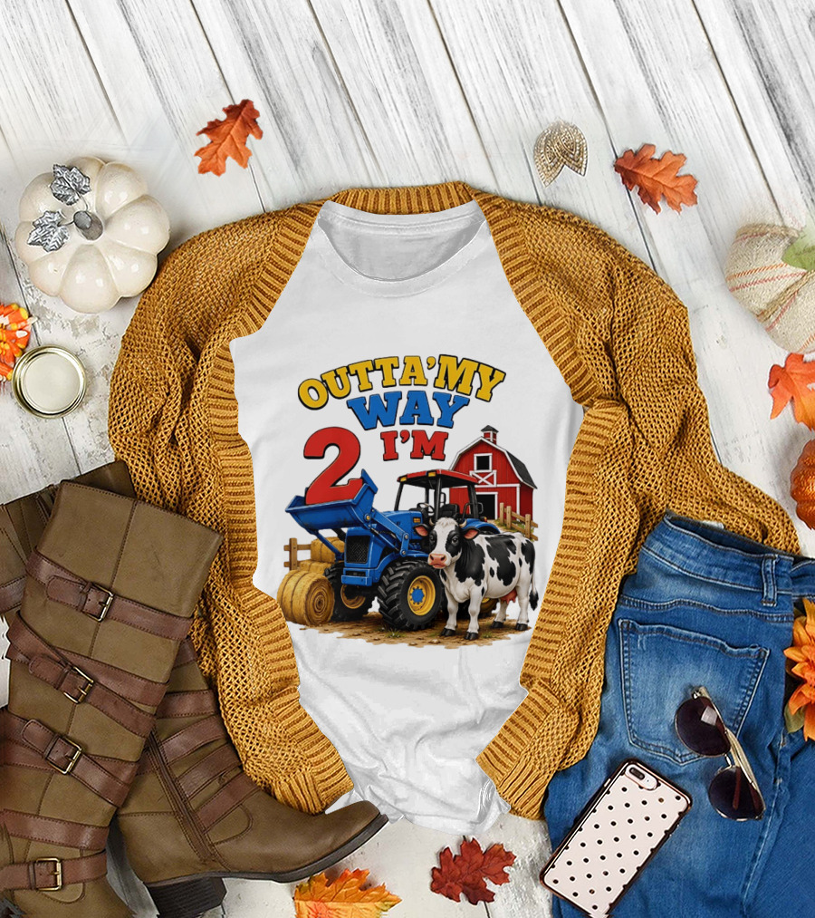 Outta My Way I'm 2 Farm Tractor Birthday Cow Barnyard Party T-Shirt