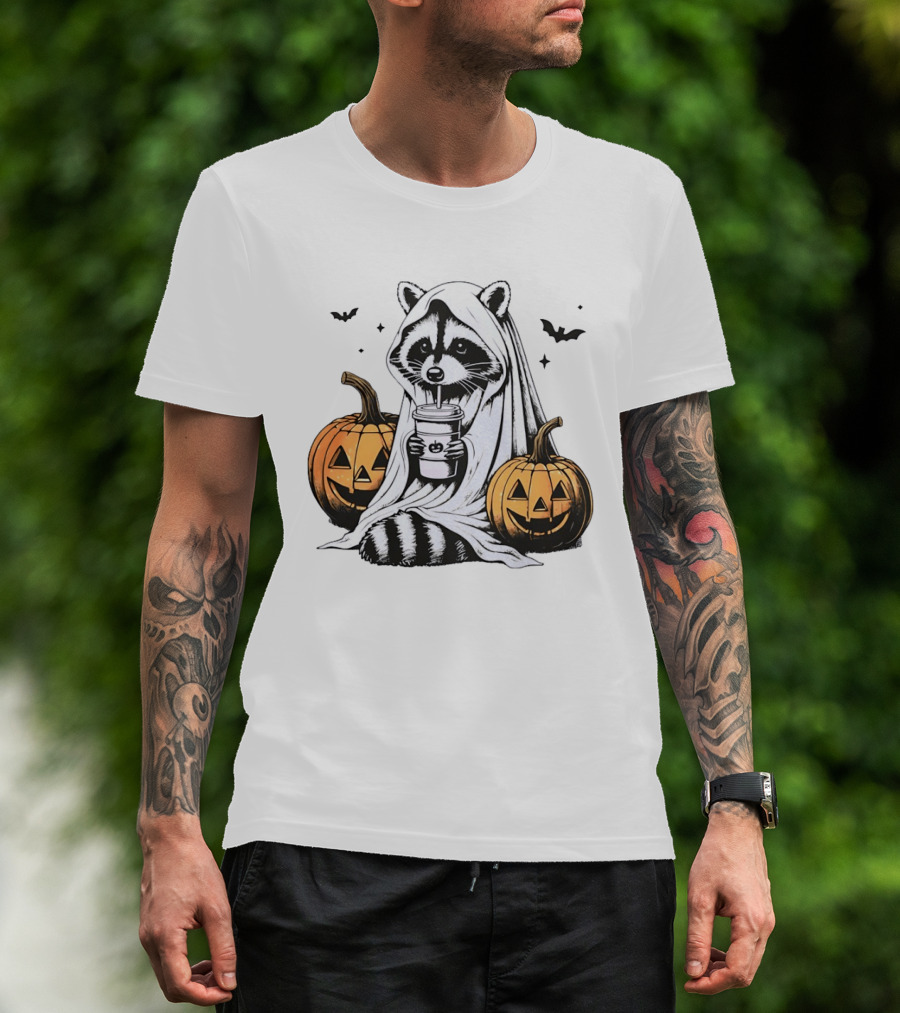 Raccoon Ghost With Iced Coffee And Jack O' Lanterns Halloween T-Shirt