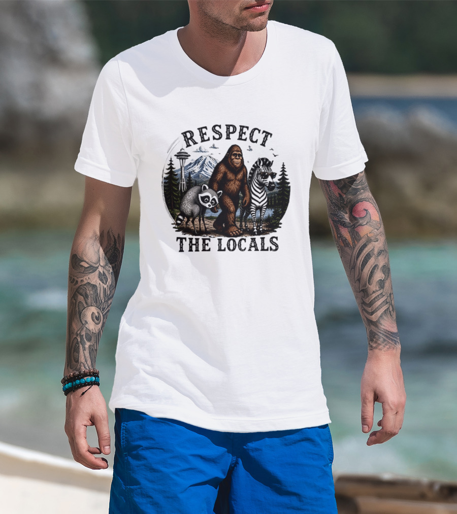 Respect The Locals Bigfoot Raccoon Zebra Seattle Space Needle Forest Scene T-Shirt