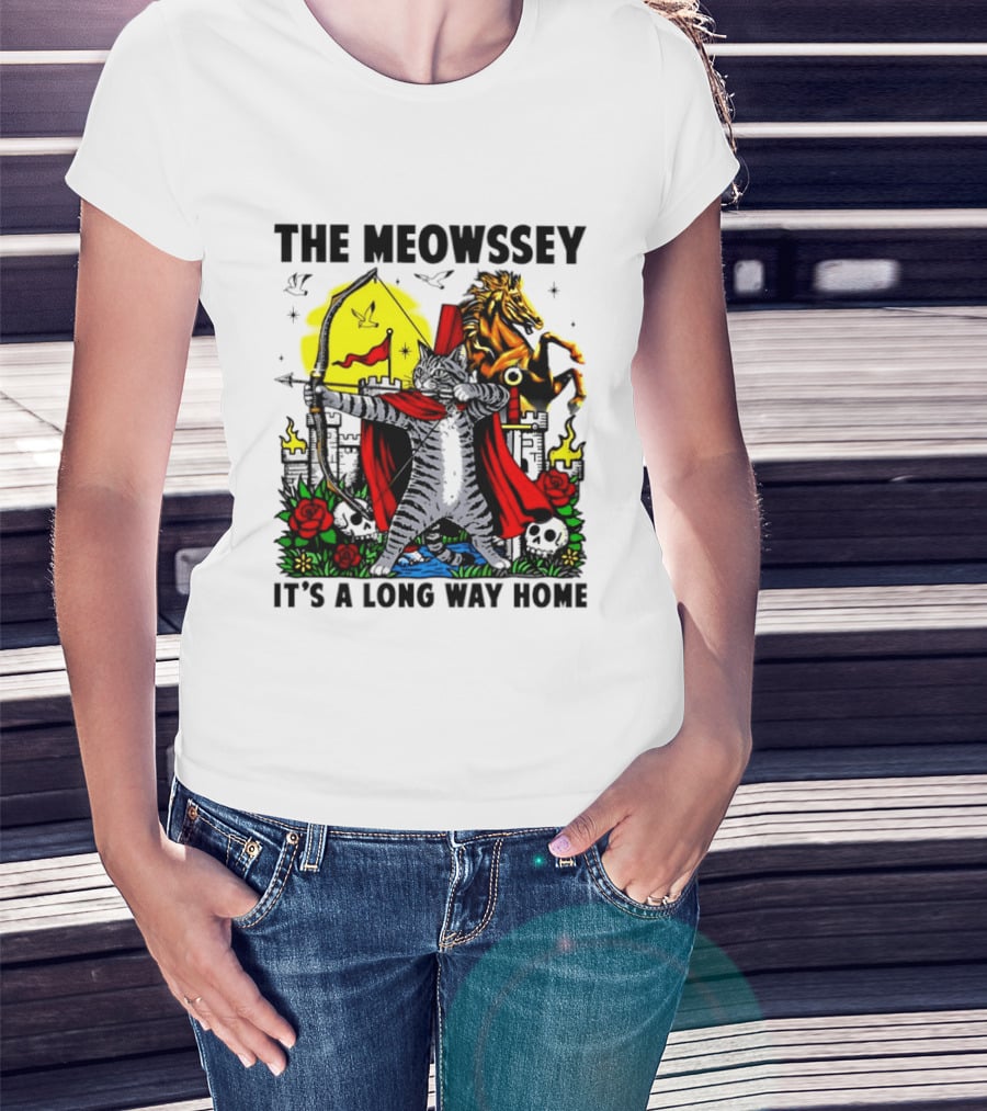 The Meowssey It's A Long Way Home Cat Archer With Red Cape And Horse T-Shirt