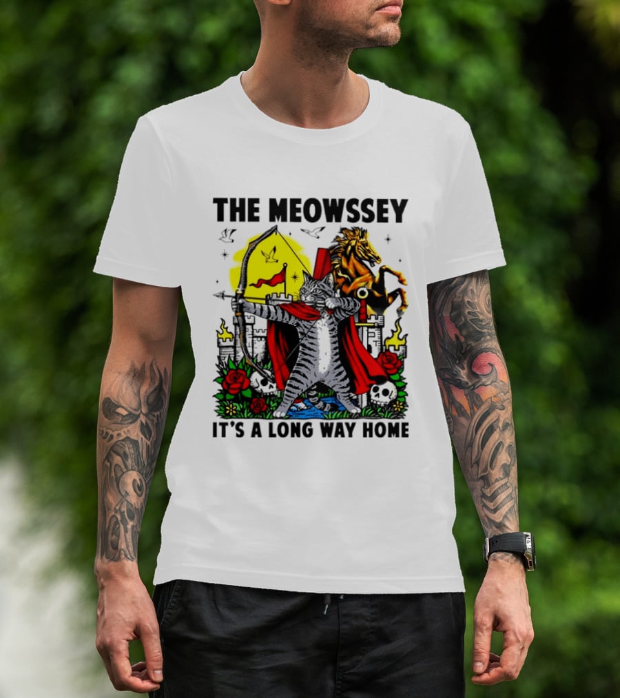 The Meowssey It's A Long Way Home Cat Archer With Red Cape And Horse T-Shirt
