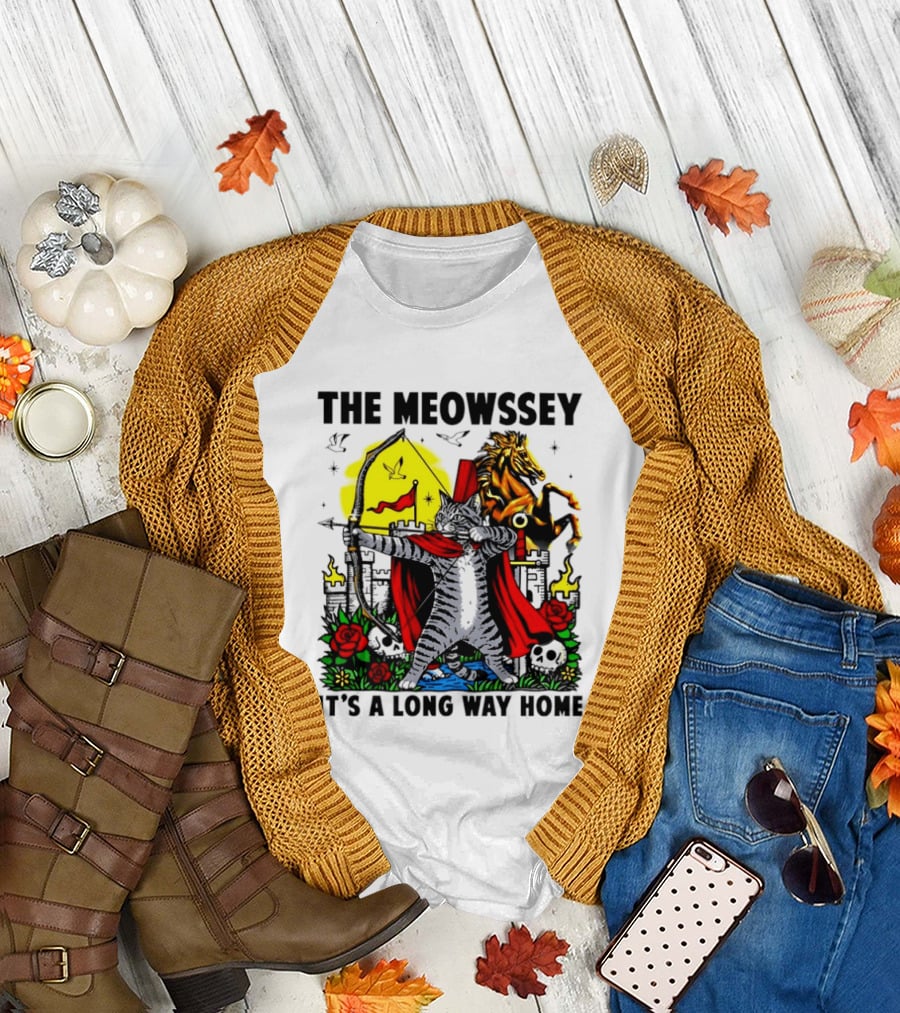 The Meowssey It's A Long Way Home Cat Archer With Red Cape And Horse T-Shirt